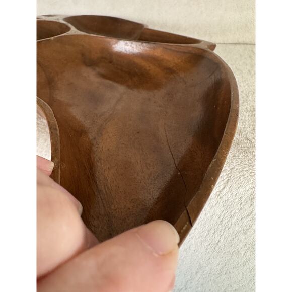 Genuine Monkey Pod Wood Bowl Leaf Shaped Divided Hand Crafted Philippines Boho - Picture 7 of 10